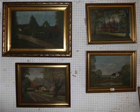 Carl Petersen (Danish, 20C), four oils on canvas, Scandinavian landscapes with buildings, signed and dated(-)